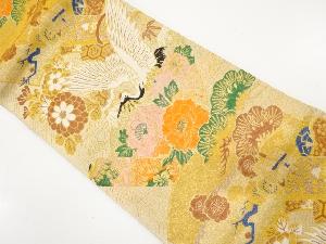 アンティーク　巻物に花・鶴模様織り出し丸帯（着用可）